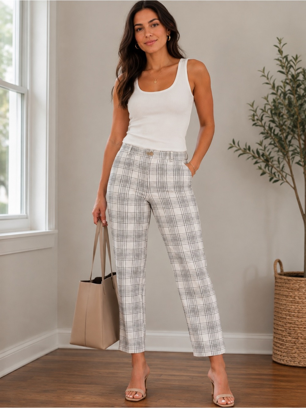 Ann Taylor Women’s Size 12 White Black Plaid Ankle Pants Slim Fit